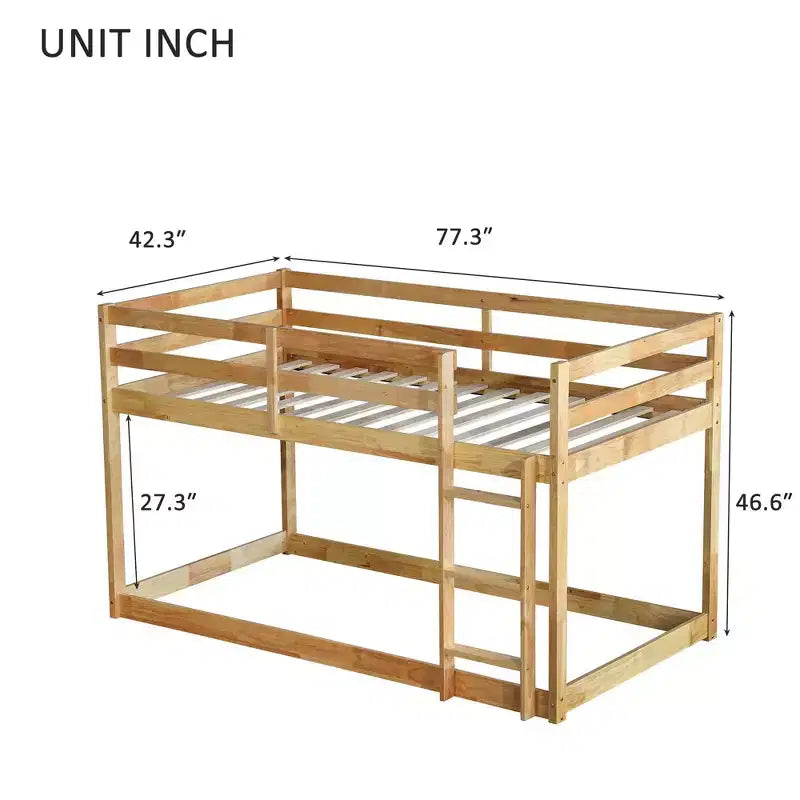Twin Over Twin Floor Bunk Bed with Ladder & Strengthened Slats, Modern Rubber Wood Frame for Kids Room