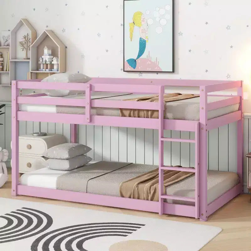 Twin Over Twin Floor Bunk Bed with Ladder & Strengthened Slats, Modern Rubber Wood Frame for Kids Room