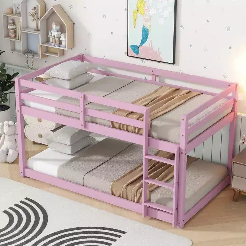 Twin Over Twin Floor Bunk Bed with Ladder & Strengthened Slats, Modern Rubber Wood Frame for Kids Room