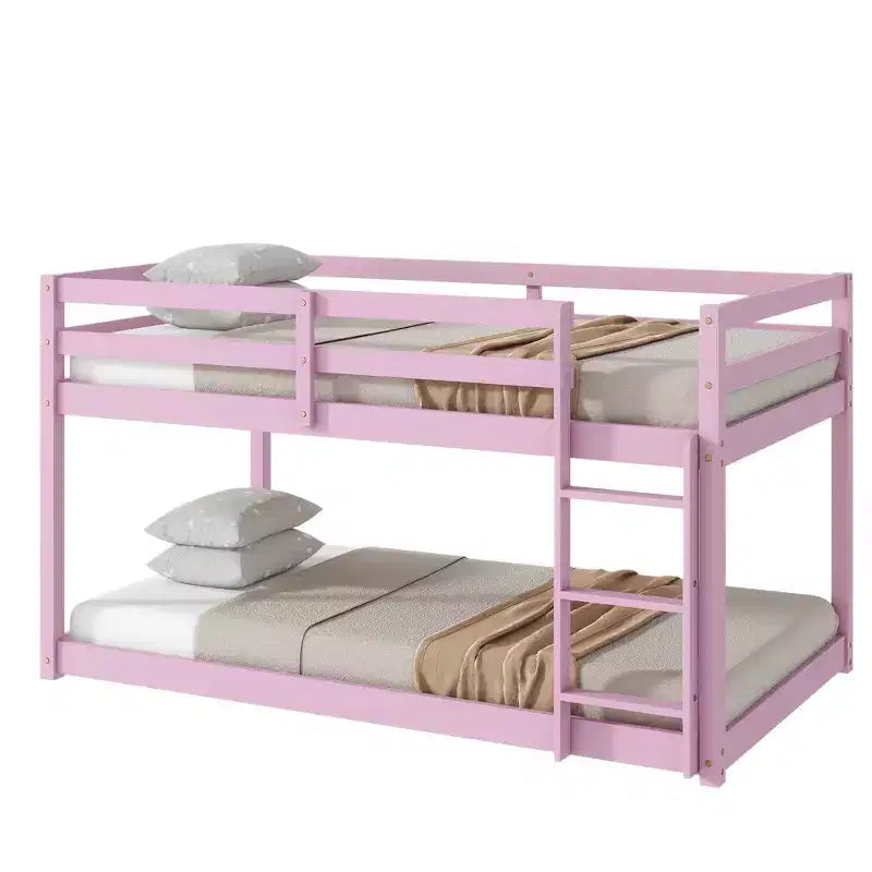 Twin Over Twin Floor Bunk Bed with Ladder & Strengthened Slats, Modern Rubber Wood Frame for Kids Room