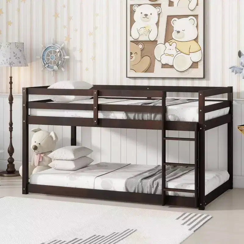 Twin Over Twin Floor Bunk Bed with Ladder & Strengthened Slats, Modern Rubber Wood Frame for Kids Room