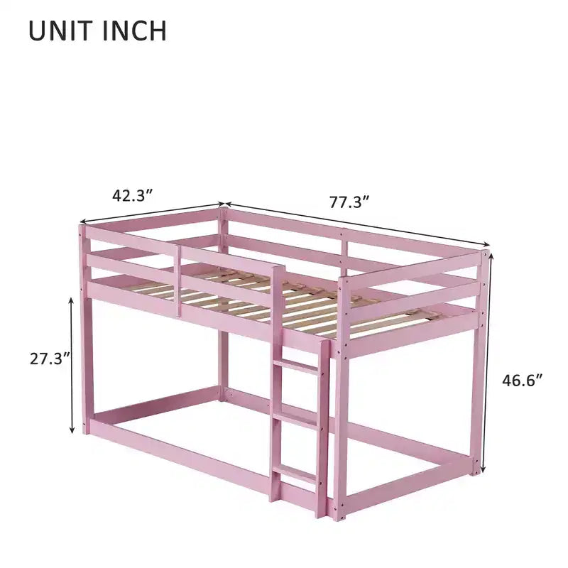 Twin Over Twin Floor Bunk Bed with Ladder & Strengthened Slats, Modern Rubber Wood Frame for Kids Room