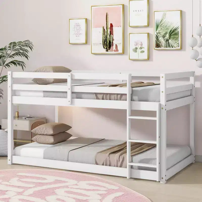 Twin Over Twin Floor Bunk Bed with Ladder & Strengthened Slats, Modern Rubber Wood Frame for Kids Room