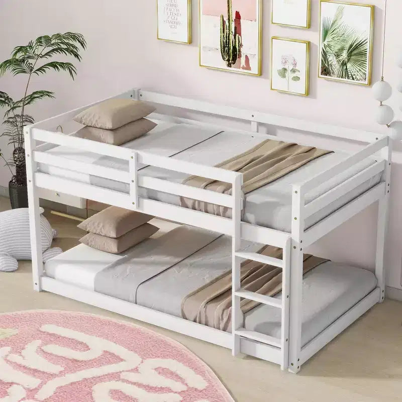 Twin Over Twin Floor Bunk Bed with Ladder & Strengthened Slats, Modern Rubber Wood Frame for Kids Room