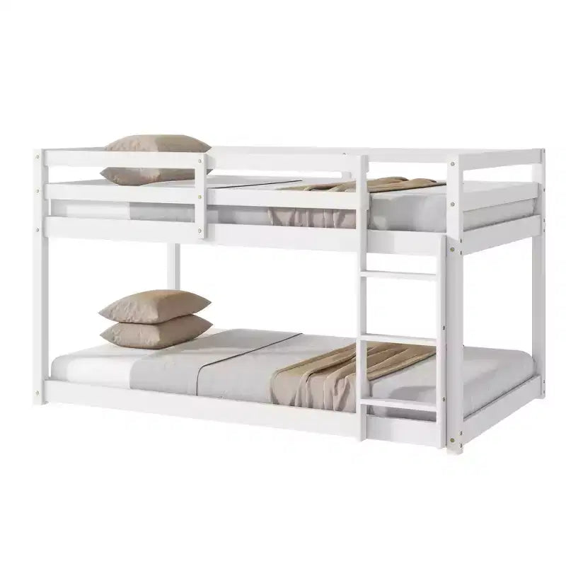 Twin Over Twin Floor Bunk Bed with Ladder & Strengthened Slats, Modern Rubber Wood Frame for Kids Room