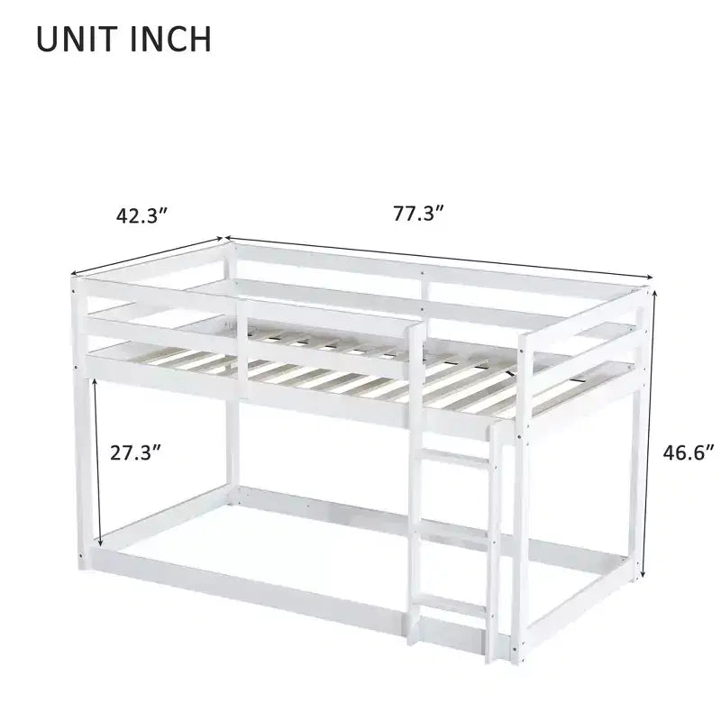 Twin Over Twin Floor Bunk Bed with Ladder & Strengthened Slats, Modern Rubber Wood Frame for Kids Room
