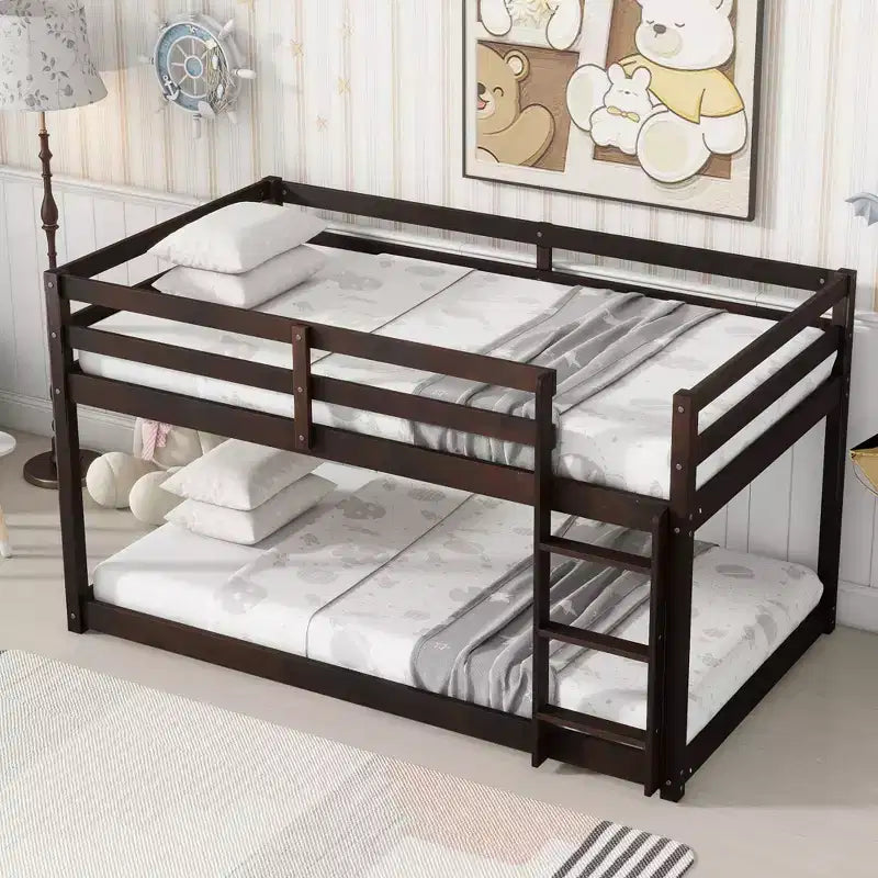 Twin Over Twin Floor Bunk Bed with Ladder & Strengthened Slats, Modern Rubber Wood Frame for Kids Room