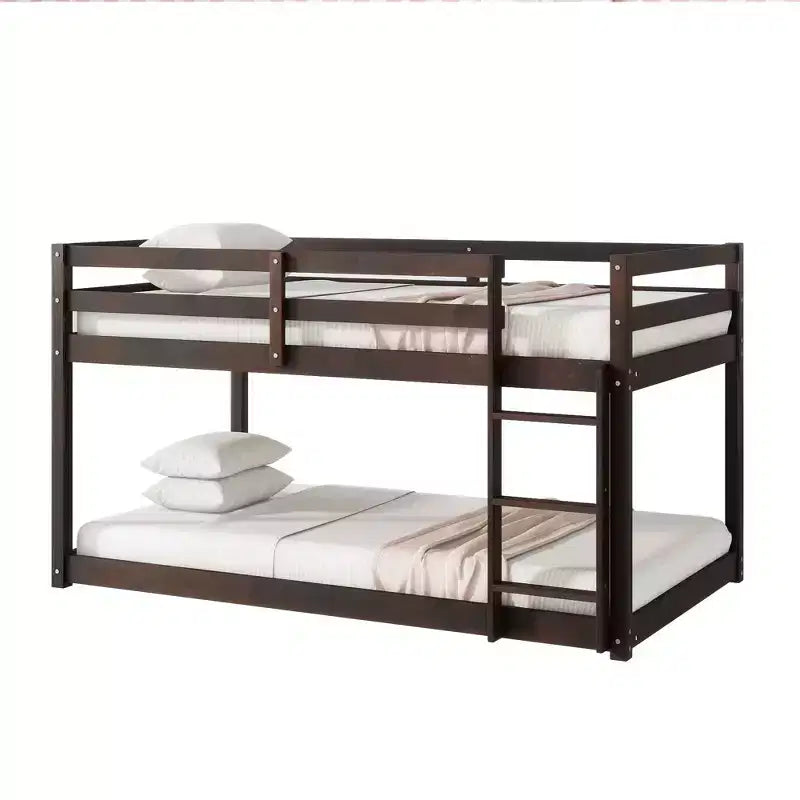 Twin Over Twin Floor Bunk Bed with Ladder & Strengthened Slats, Modern Rubber Wood Frame for Kids Room