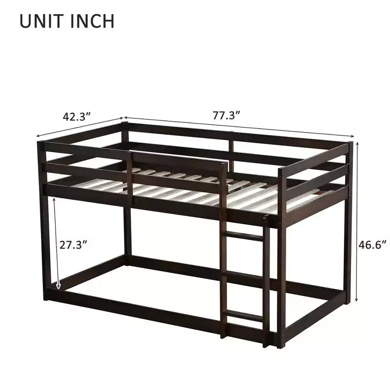 Twin Over Twin Floor Bunk Bed with Ladder & Strengthened Slats, Modern Rubber Wood Frame for Kids Room