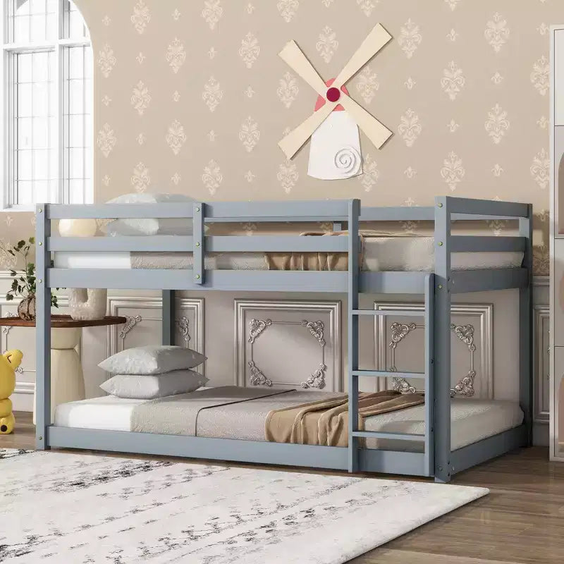 Twin Over Twin Floor Bunk Bed with Ladder & Strengthened Slats, Modern Rubber Wood Frame for Kids Room