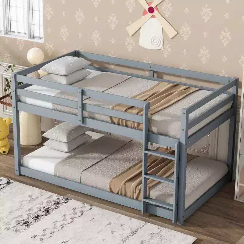 Twin Over Twin Floor Bunk Bed with Ladder & Strengthened Slats, Modern Rubber Wood Frame for Kids Room