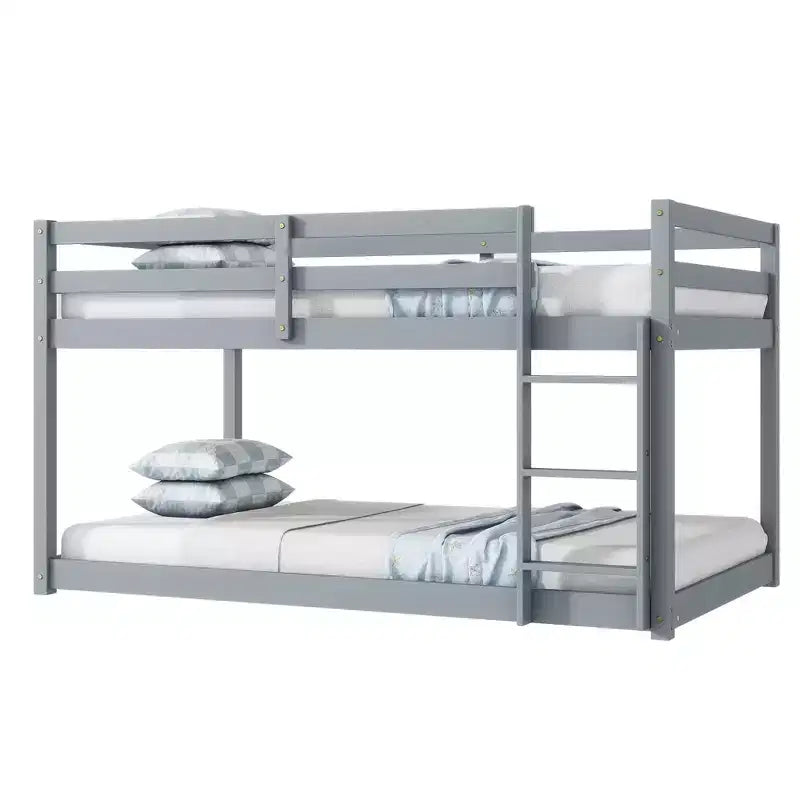 Twin Over Twin Floor Bunk Bed with Ladder & Strengthened Slats, Modern Rubber Wood Frame for Kids Room