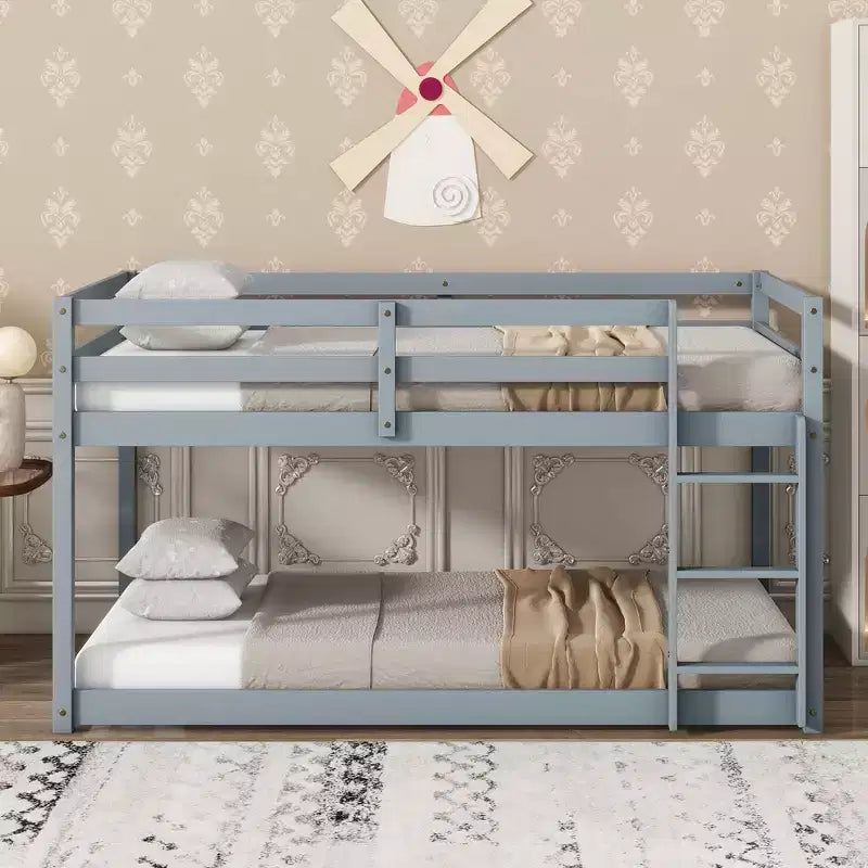 Twin Over Twin Floor Bunk Bed with Ladder & Strengthened Slats, Modern Rubber Wood Frame for Kids Room