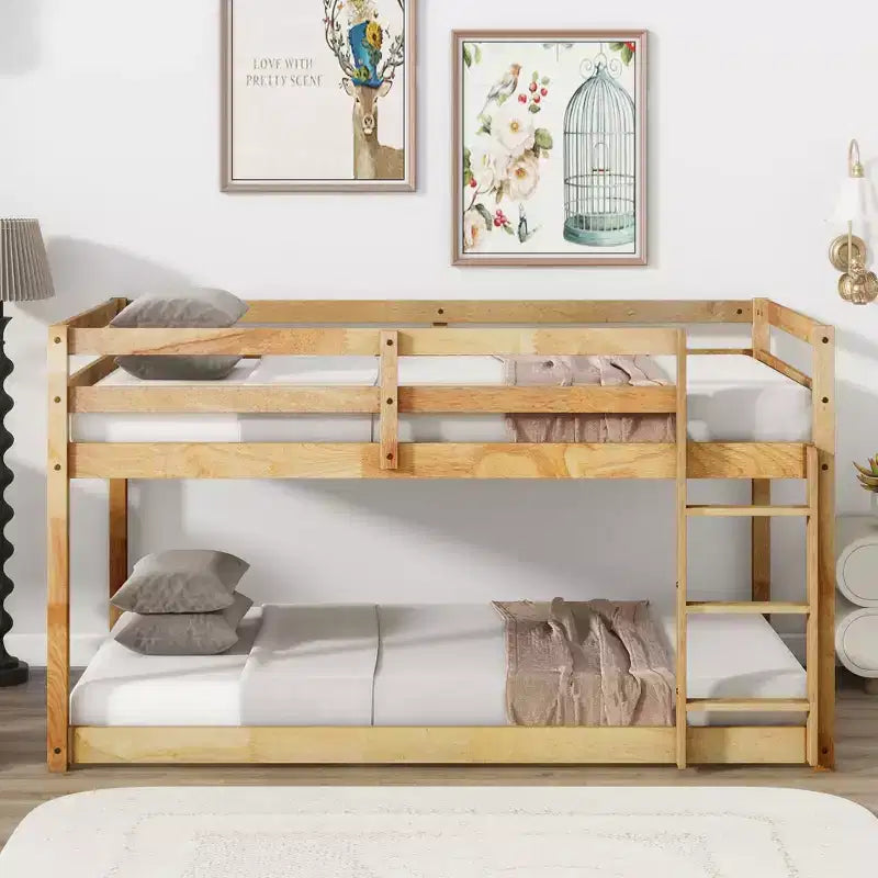 Twin Over Twin Floor Bunk Bed with Ladder & Strengthened Slats, Modern Rubber Wood Frame for Kids Room