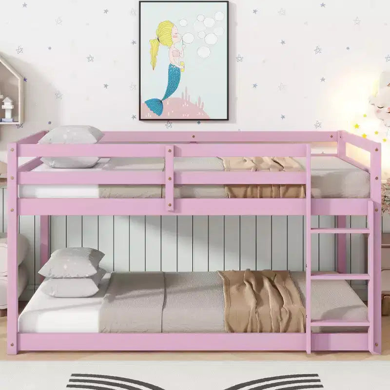 Twin Over Twin Floor Bunk Bed with Ladder & Strengthened Slats, Modern Rubber Wood Frame for Kids Room