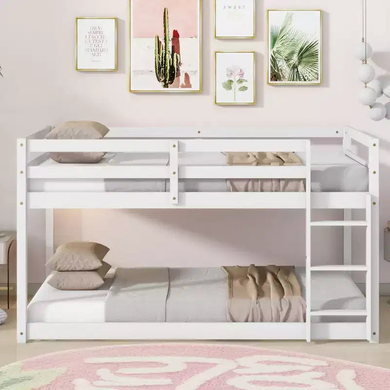 Twin Over Twin Floor Bunk Bed with Ladder & Strengthened Slats, Modern Rubber Wood Frame for Kids Room