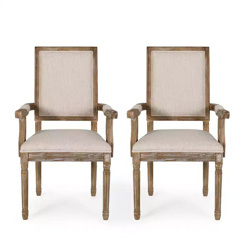 French Country Fabric Upholstered Wood Dining Chairs, Set of 2