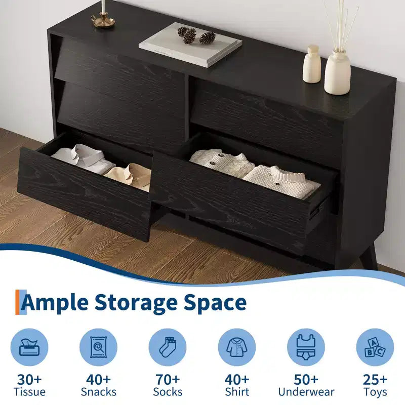 6-Drawer Fluted Wooden Dresser, Modern Nightstand & Storage Chest for Bedroom & Living Room