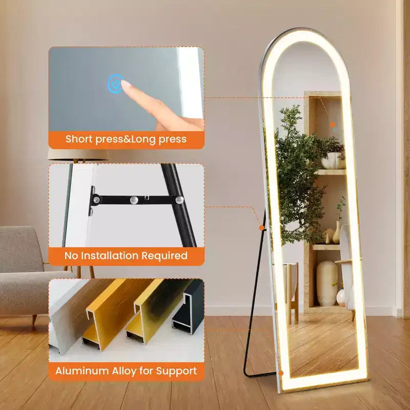 60-Inch Full Length LED Floor Mirror, Aluminum Alloy Frame, Standing or Wall-Mounted