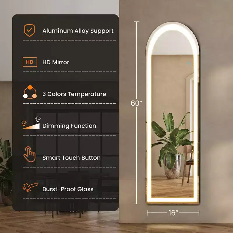 60-Inch Full Length LED Floor Mirror, Aluminum Alloy Frame, Standing or Wall-Mounted