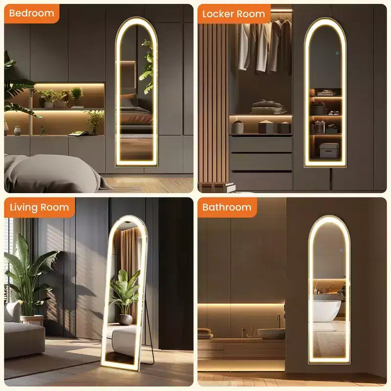 60-Inch Full Length LED Floor Mirror, Aluminum Alloy Frame, Standing or Wall-Mounted