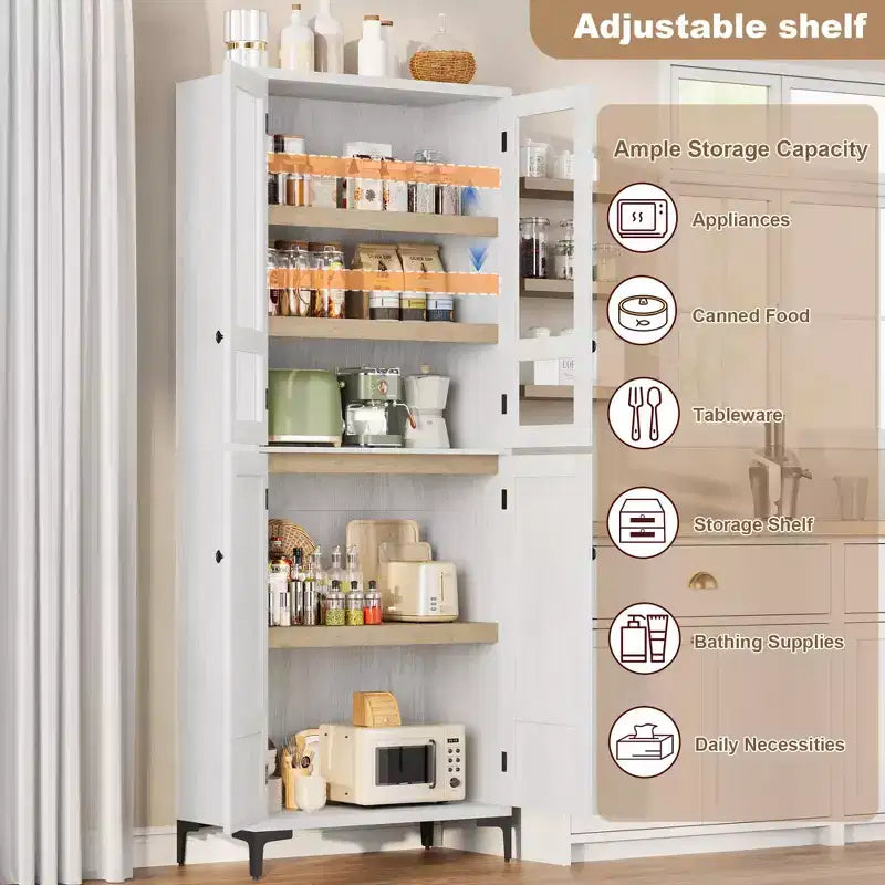 71-Inch Tall Storage Cabinet, 5-Tier Kitchen Pantry with 4 Doors and Adjustable Shelves for Kitchen, Dining Room, Bathroom