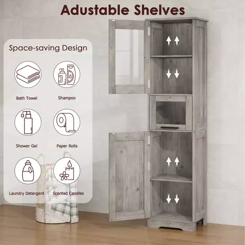 67 H Tall Slim Pantry Cabinet with Glass Doors and Adjustable Shelf, Freestanding Slim Cupboard