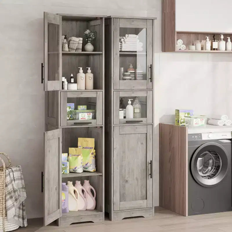 67 H Tall Slim Pantry Cabinet with Glass Doors and Adjustable Shelf, Freestanding Slim Cupboard