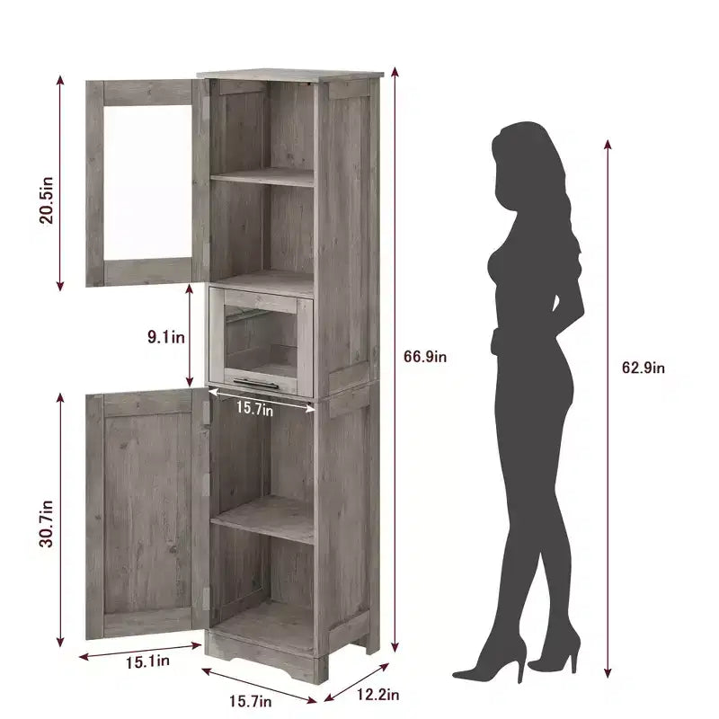 67 H Tall Slim Pantry Cabinet with Glass Doors and Adjustable Shelf, Freestanding Slim Cupboard