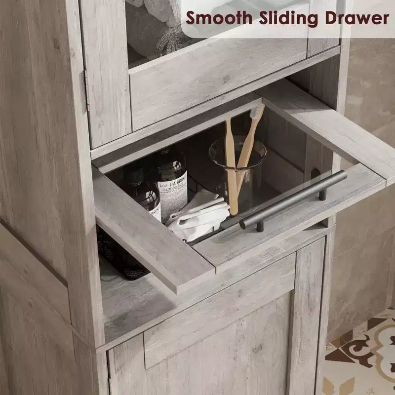 67 H Tall Slim Pantry Cabinet with Glass Doors and Adjustable Shelf, Freestanding Slim Cupboard