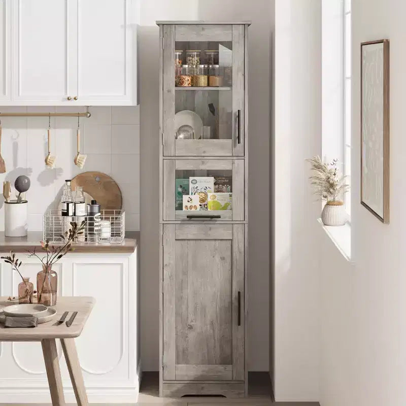 67 H Tall Slim Pantry Cabinet with Glass Doors and Adjustable Shelf, Freestanding Slim Cupboard