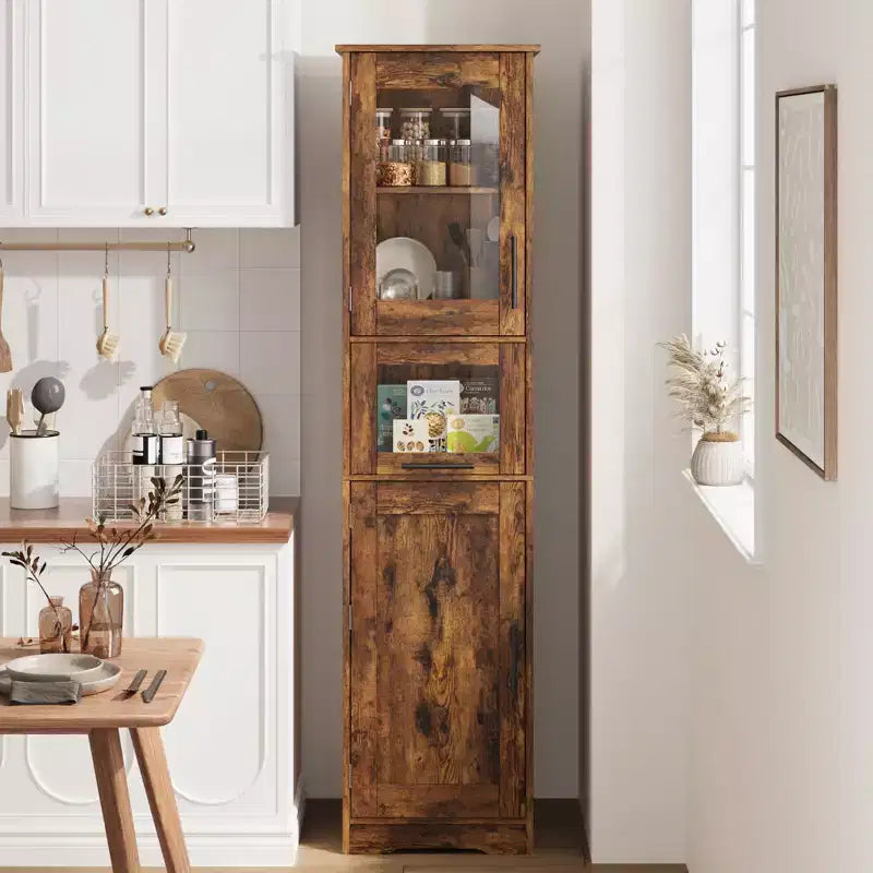 67 H Tall Slim Pantry Cabinet with Glass Doors and Adjustable Shelf, Freestanding Slim Cupboard