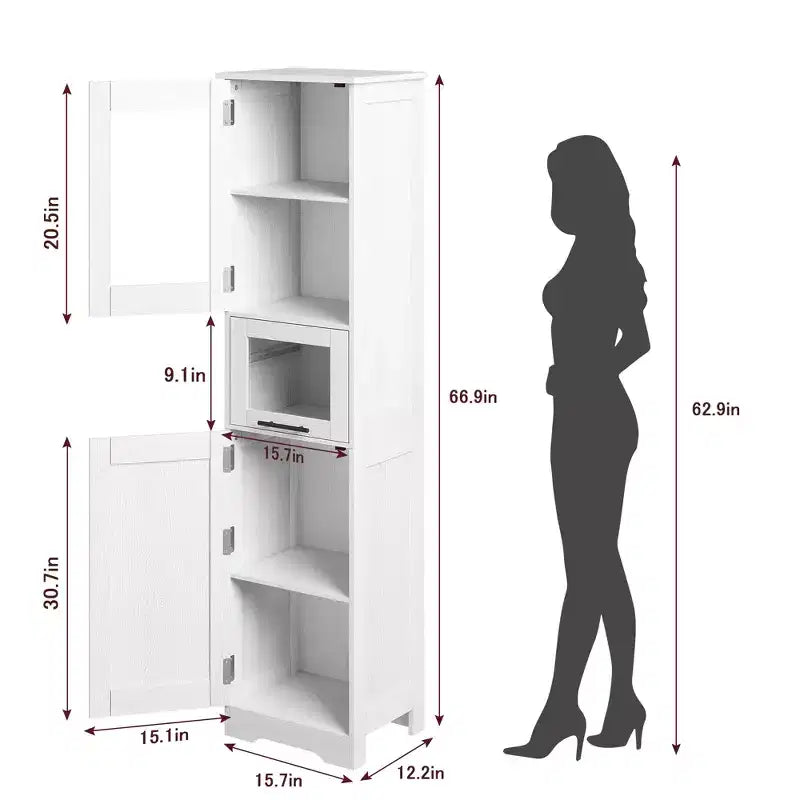 67 H Tall Slim Pantry Cabinet with Glass Doors and Adjustable Shelf, Freestanding Slim Cupboard