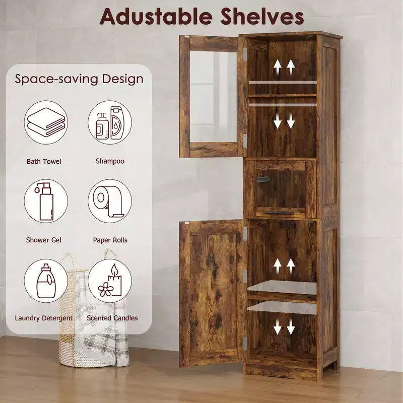 67 H Tall Slim Pantry Cabinet with Glass Doors and Adjustable Shelf, Freestanding Slim Cupboard