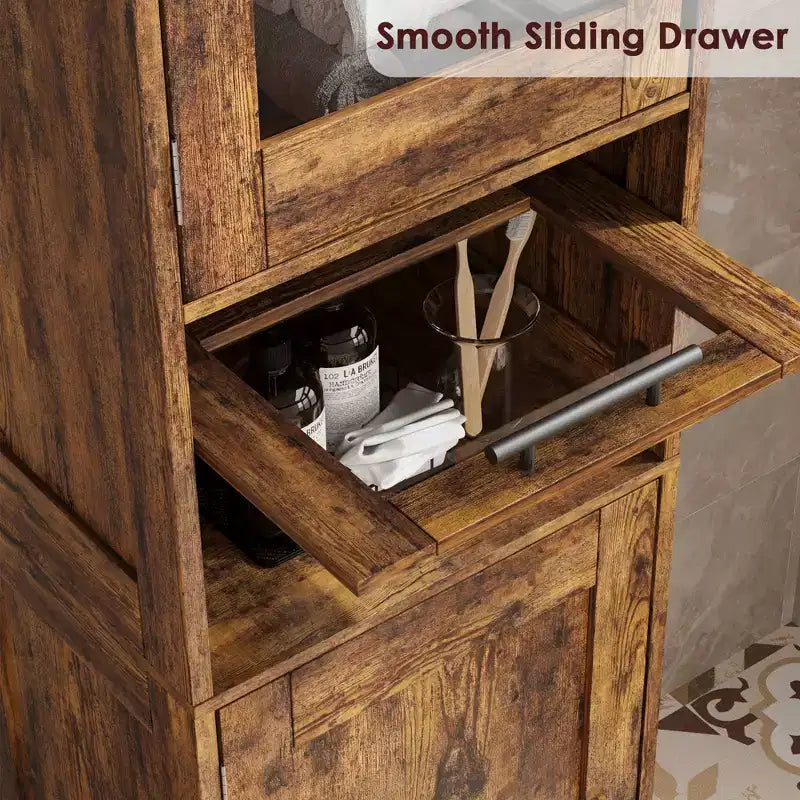67 H Tall Slim Pantry Cabinet with Glass Doors and Adjustable Shelf, Freestanding Slim Cupboard