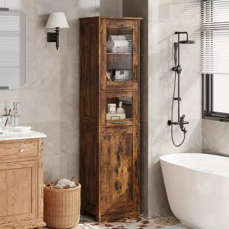 67 H Tall Slim Pantry Cabinet with Glass Doors and Adjustable Shelf, Freestanding Slim Cupboard