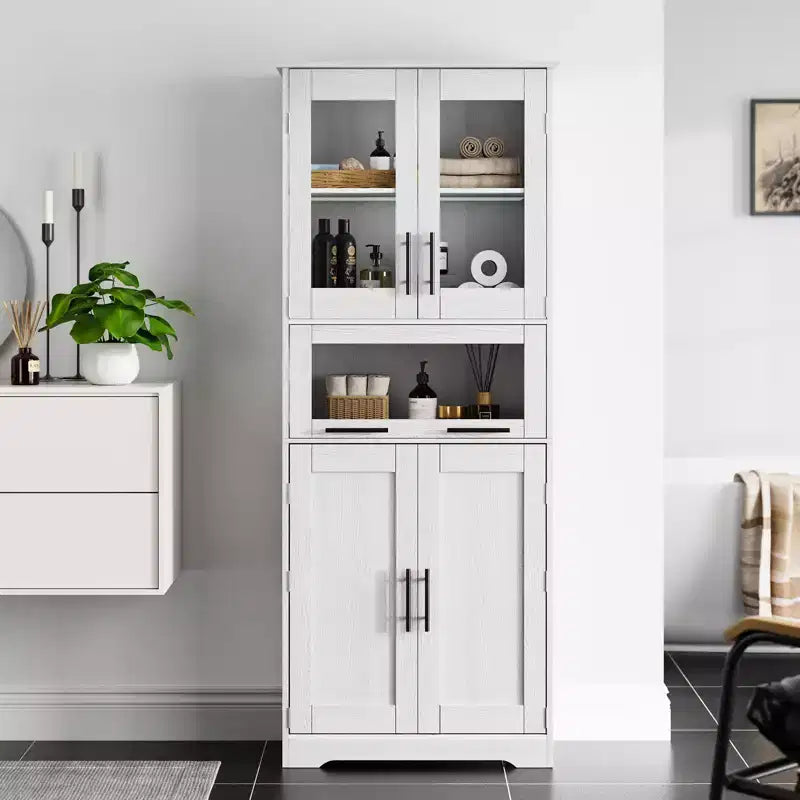67 H Tall Slim Pantry Cabinet with Glass Doors and Adjustable Shelf, Freestanding Slim Cupboard