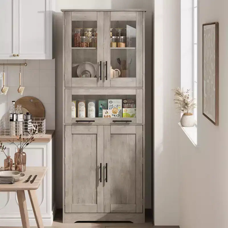 67 H Tall Slim Pantry Cabinet with Glass Doors and Adjustable Shelf, Freestanding Slim Cupboard