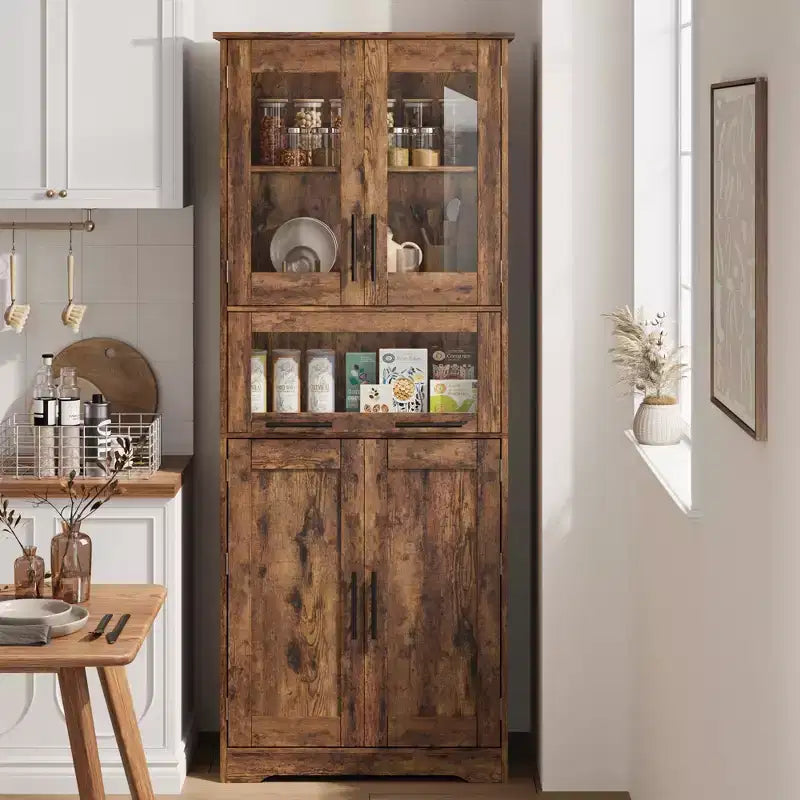 67 H Tall Slim Pantry Cabinet with Glass Doors and Adjustable Shelf, Freestanding Slim Cupboard