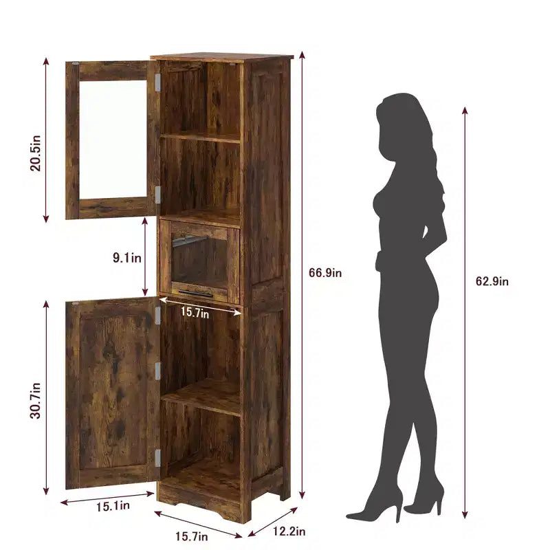 67 H Tall Slim Pantry Cabinet with Glass Doors and Adjustable Shelf, Freestanding Slim Cupboard