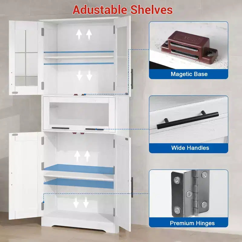 67 H Tall Slim Pantry Cabinet with Glass Doors and Adjustable Shelf, Freestanding Slim Cupboard