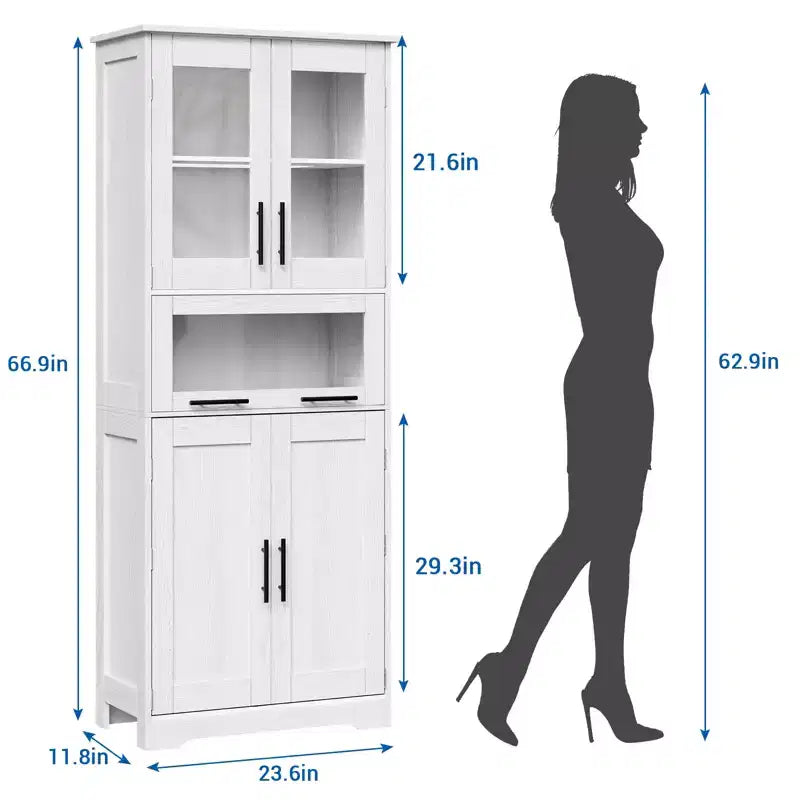 67 H Tall Slim Pantry Cabinet with Glass Doors and Adjustable Shelf, Freestanding Slim Cupboard