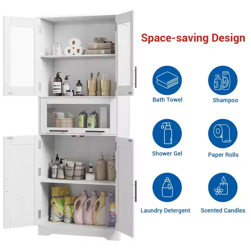 67 H Tall Slim Pantry Cabinet with Glass Doors and Adjustable Shelf, Freestanding Slim Cupboard