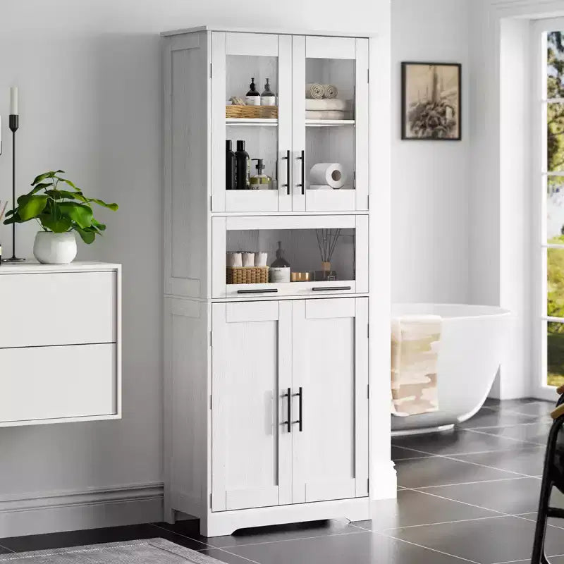 67 H Tall Slim Pantry Cabinet with Glass Doors and Adjustable Shelf, Freestanding Slim Cupboard