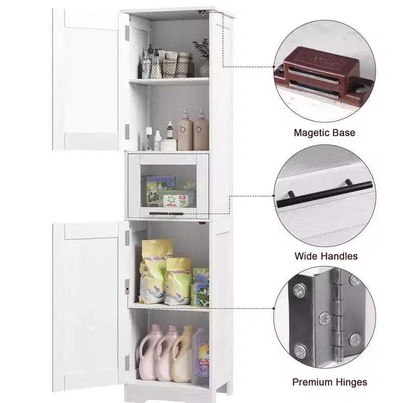 67 H Tall Slim Pantry Cabinet with Glass Doors and Adjustable Shelf, Freestanding Slim Cupboard