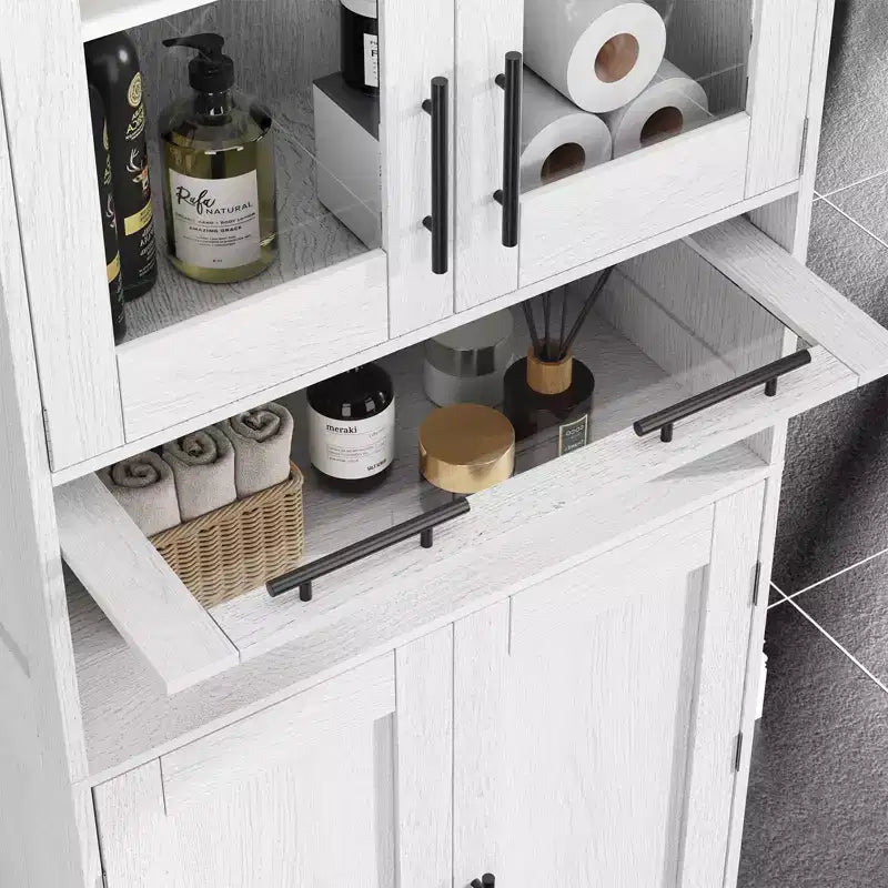 67 H Tall Slim Pantry Cabinet with Glass Doors and Adjustable Shelf, Freestanding Slim Cupboard