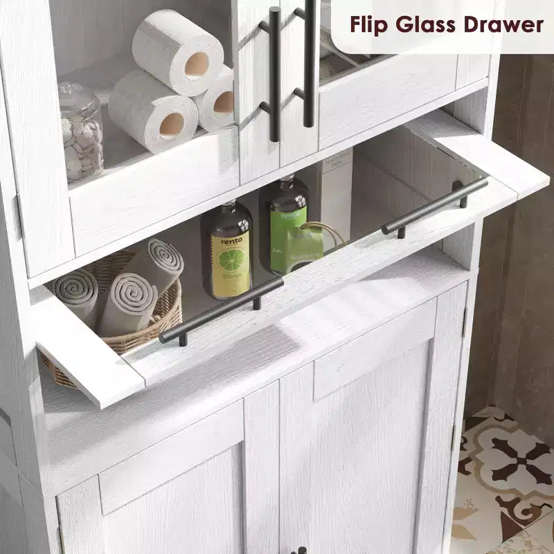 67 H Tall Slim Pantry Cabinet with Glass Doors and Adjustable Shelf, Freestanding Slim Cupboard
