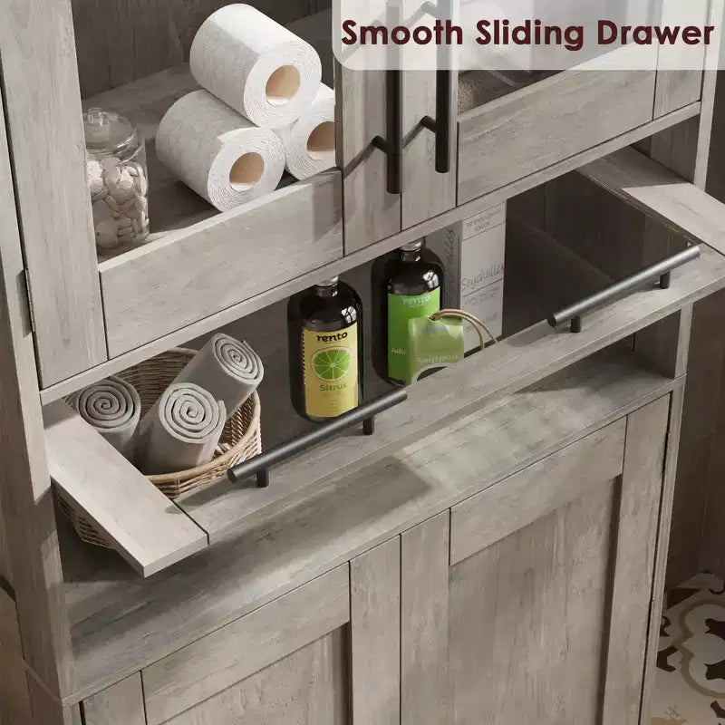 67 H Tall Slim Pantry Cabinet with Glass Doors and Adjustable Shelf, Freestanding Slim Cupboard