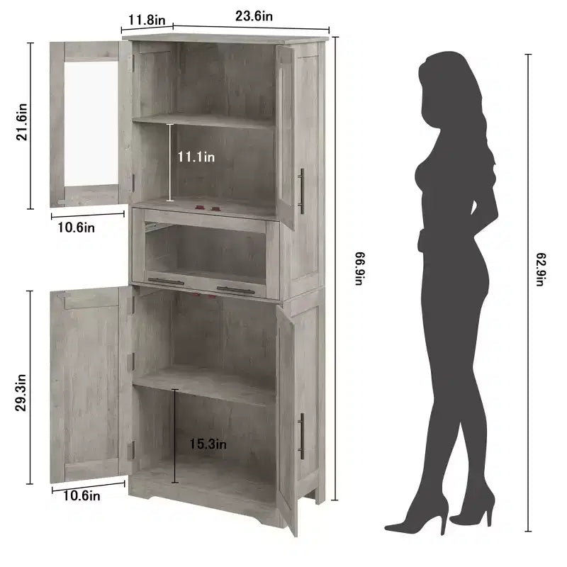 67 H Tall Slim Pantry Cabinet with Glass Doors and Adjustable Shelf, Freestanding Slim Cupboard