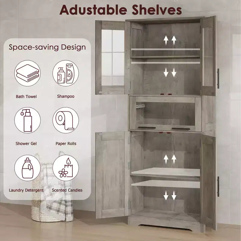 67 H Tall Slim Pantry Cabinet with Glass Doors and Adjustable Shelf, Freestanding Slim Cupboard